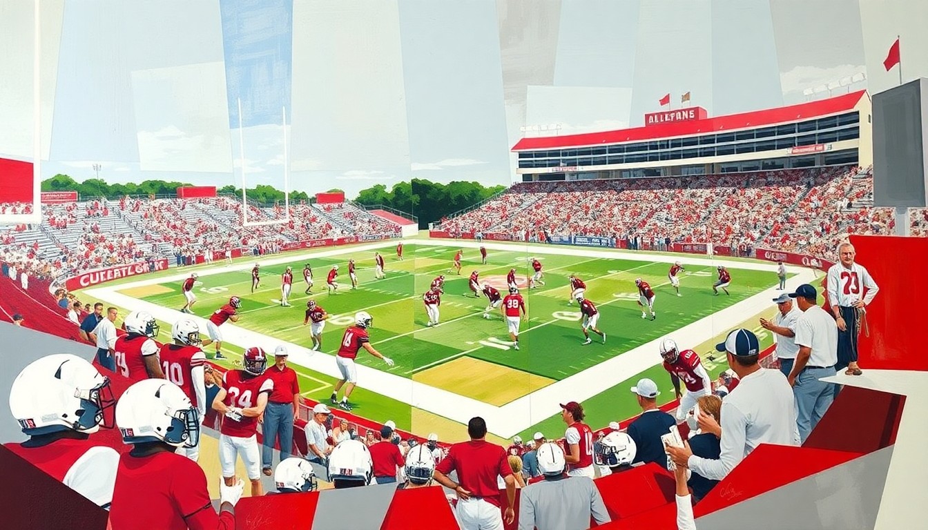 A cubist-style painting depicting an abstract, fragmented scene of an Alabama football practice, with players and equipment broken down into sharp, geometric shapes in crimson, white, and gray tones.