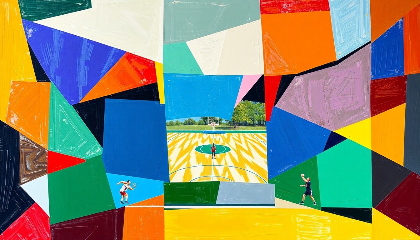 A cubist-style painting featuring overlapping geometric shapes and planes in the official team colors of the local high schools, conceptually depicting a high school sports competition or game.