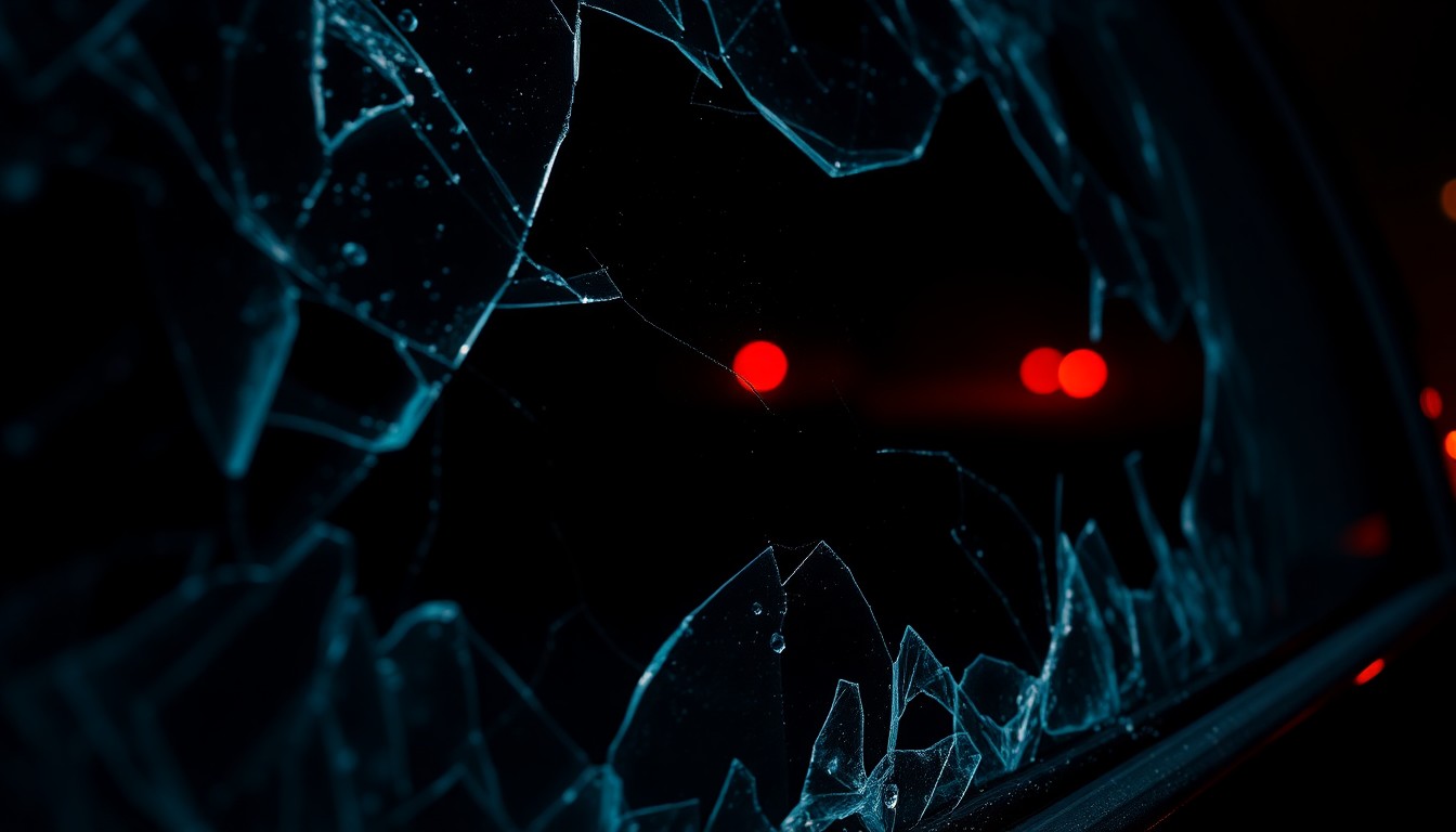 An extreme close-up of shattered car window glass, reflecting a faint red glow, conceptually illustrating the tragic aftermath of a fatal vehicle collision.