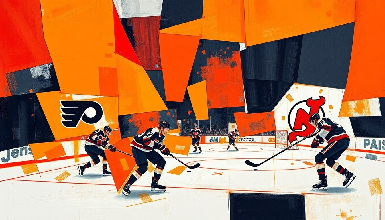 A fragmented, geometric painting depicting a hockey game between the Philadelphia Flyers and New Jersey Devils, with sharp planes of color and overlapping perspectives capturing the intensity of the matchup.