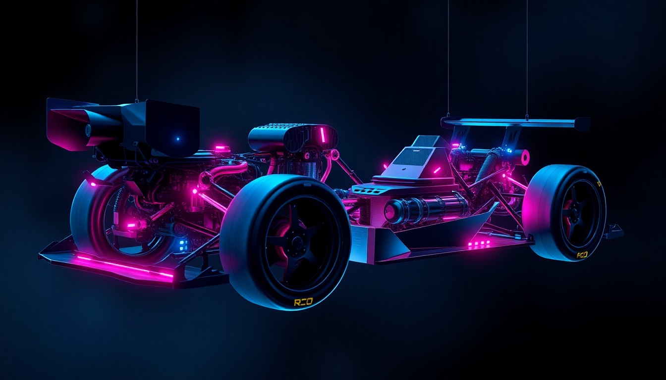 A highly detailed, glowing 3D illustration of a futuristic racing car chassis with neon cyan and magenta lights illuminating the intricate mechanical components, symbolizing the intersection of cutting-edge technology and the passion of gaming enthusiasts.