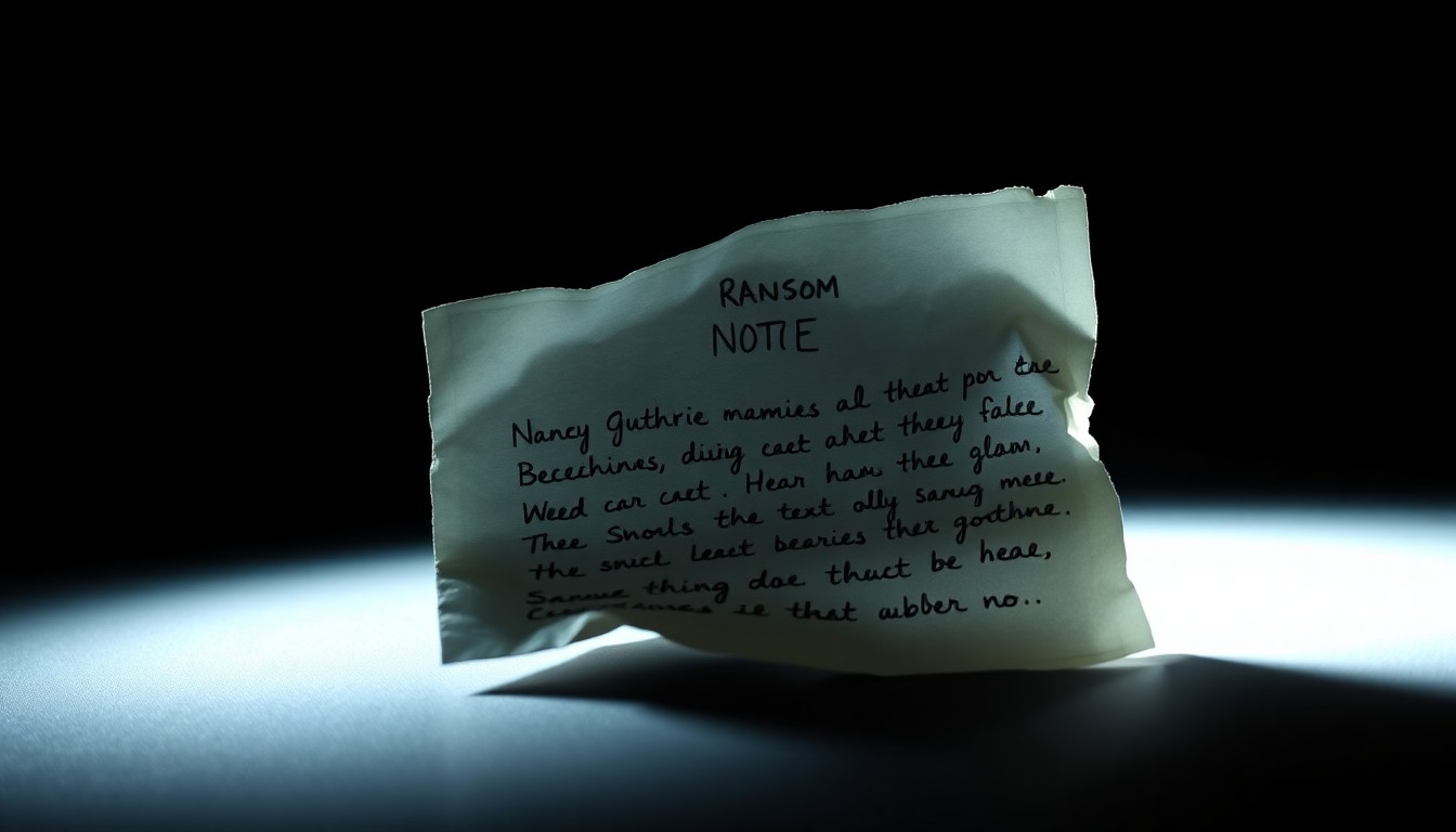 An extreme close-up of a crumpled ransom note with handwritten text, lit by a harsh camera flash against a pitch-black background, conceptually representing the urgency and mystery of the alleged kidnapping.
