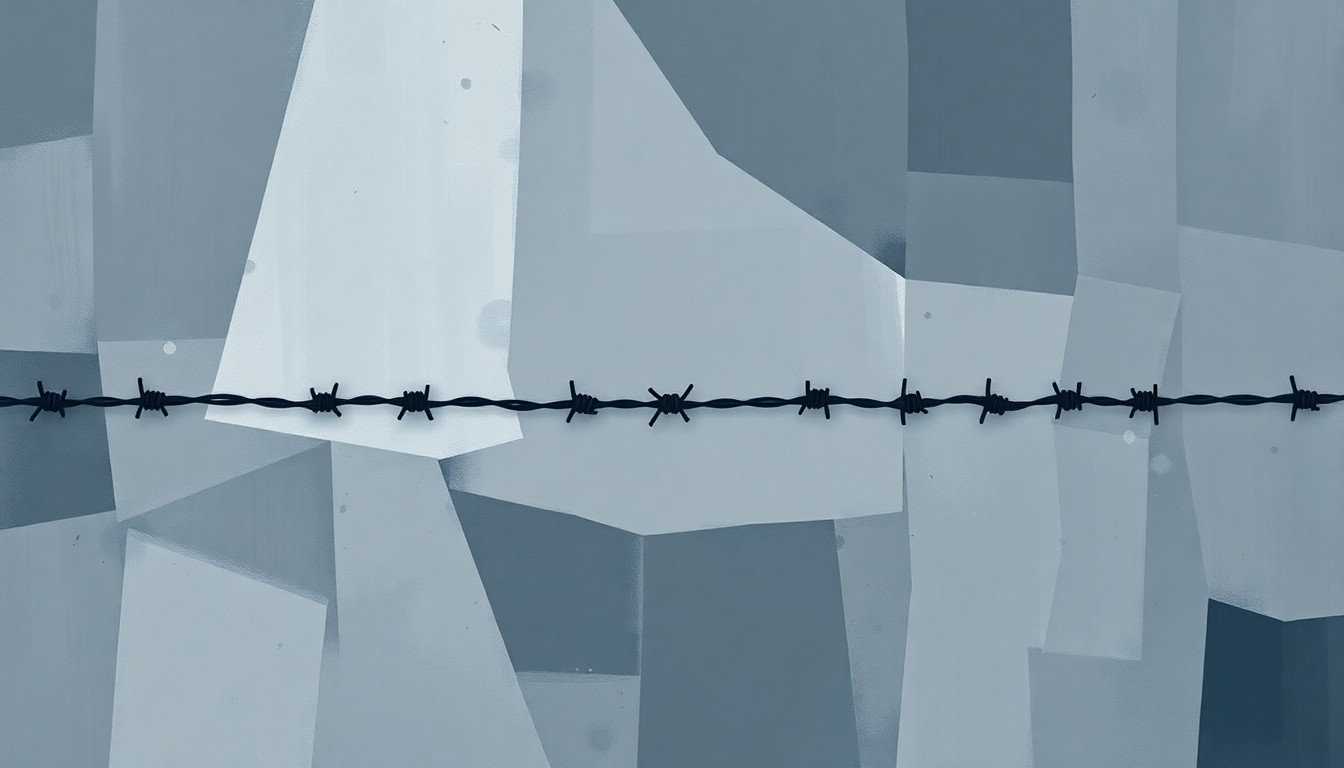 A fractured, abstract painting of a barbed wire fence in shades of grey, navy, and black, conveying the harsh realities of immigration detention through an avant-garde, geometric visual style.