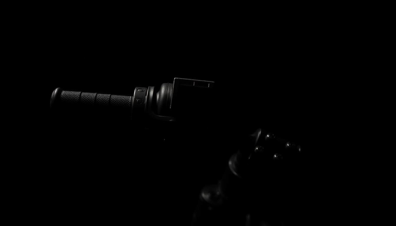 An extreme close-up of a motorcycle handlebar and throttle grip, the metal and rubber textures dramatically lit by a harsh flash against a dark background, conveying the gritty, investigative nature of the law enforcement operation.