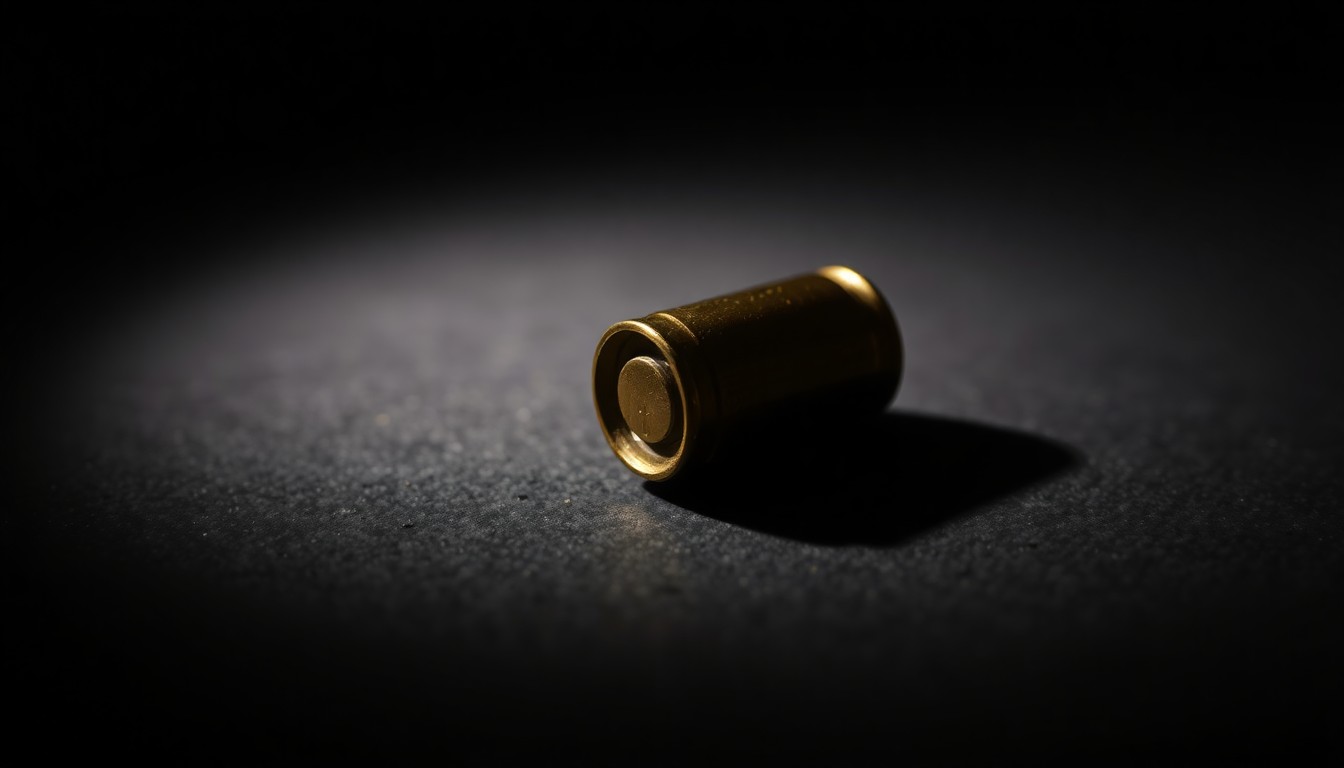 An extreme close-up photograph of a single spent shell casing on a dark surface, lit by a harsh, direct camera flash, conceptually illustrating the dangers of unsecured firearms and gun violence.