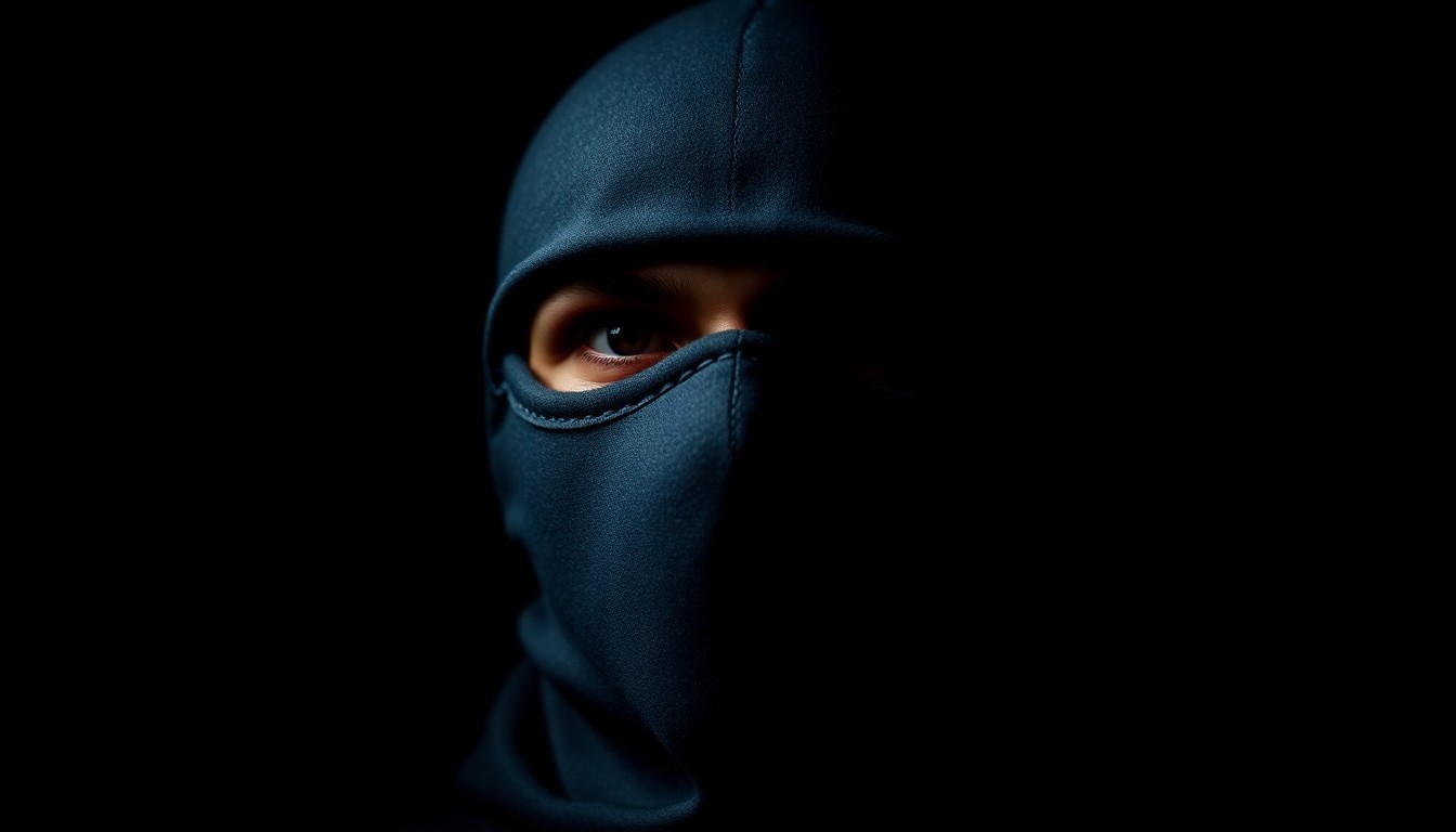 An extreme close-up photograph of a black Nike ski mask, capturing the harsh textures and shadows created by a direct camera flash against a dark background, conceptually representing the mystery and urgency surrounding a missing juvenile case.