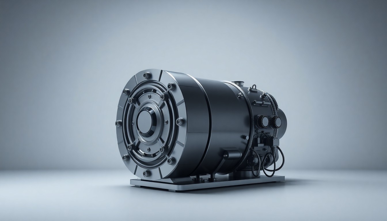 A photorealistic studio photograph of a polished, geometric metal model of a small modular nuclear reactor, set against a clean, monochromatic background with dramatic studio lighting and deep shadows to symbolize the technical complexity and strategic importance of this advanced clean energy initiative.