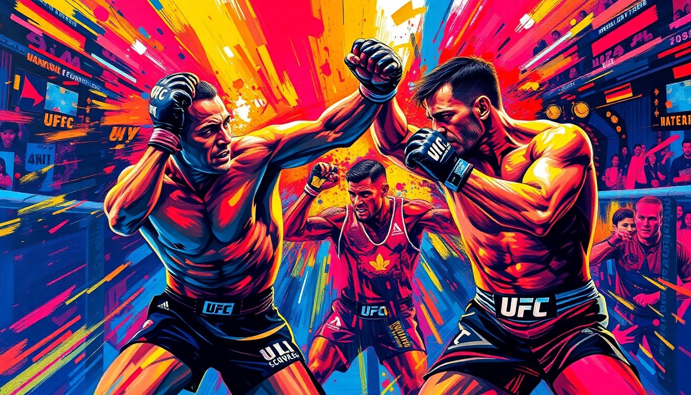An abstract expressionist painting using vibrant neon colors and rapid brushstrokes to depict the raw physical energy and motion of UFC fighters training and competing in the octagon.