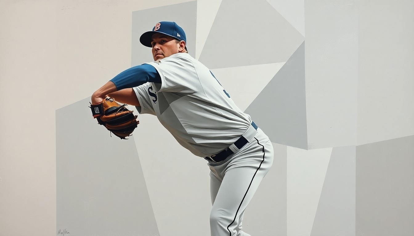 A cubist-style painting depicting a baseball pitcher's throwing motion broken down into sharp, overlapping geometric shapes in muted tones, conveying the physical strain and fragility of the sport.
