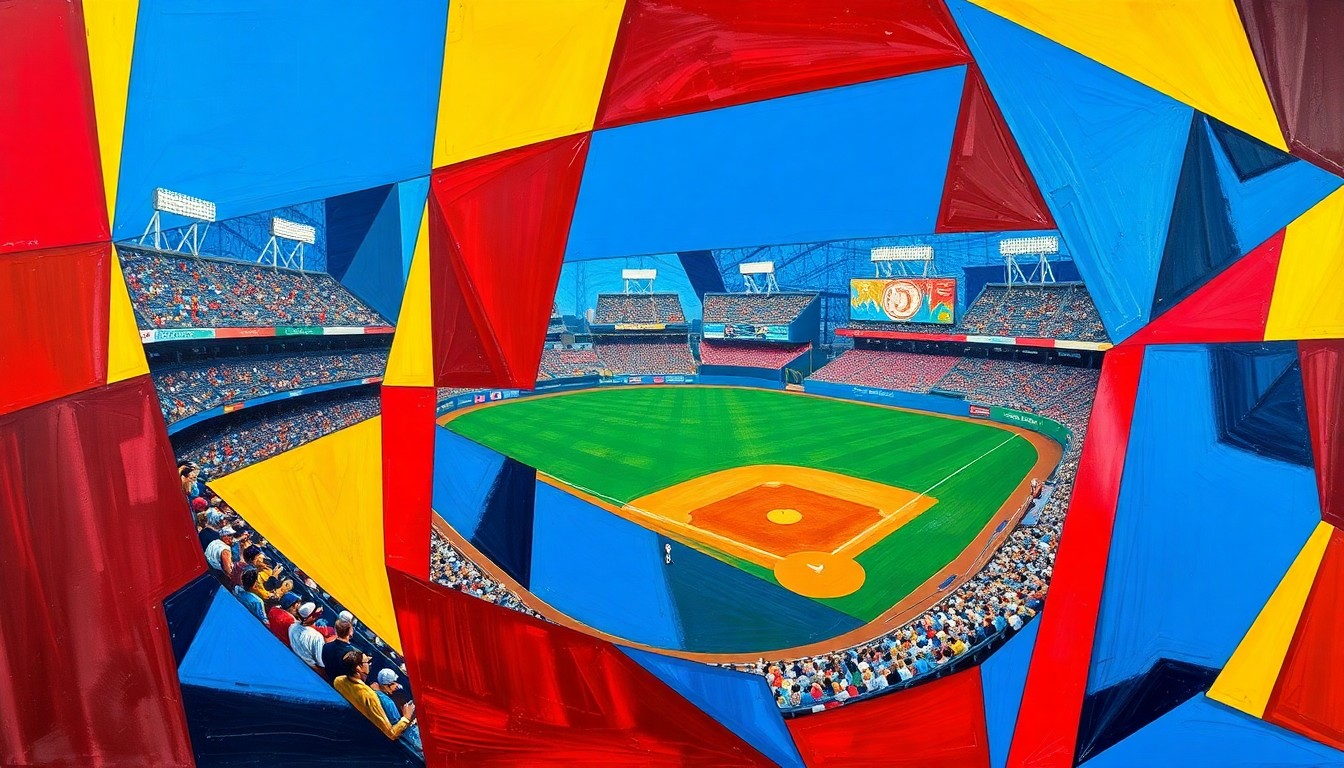 A fragmented, geometric painting in bold colors depicting the dynamic energy of a baseball game, with players and the field deconstructed into overlapping shapes and planes.