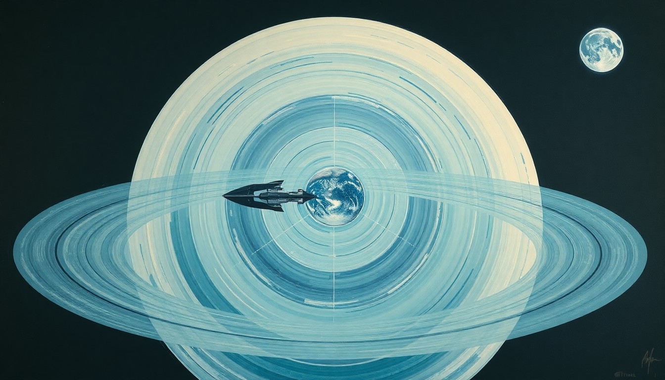 A bold, abstract painting in muted tones of blue, green, and grey, depicting the Artemis II spacecraft orbiting the moon with the Earth visible in the background. The composition features sweeping geometric arcs, concentric planetary circles, and precise celestial spirals, conveying the structural order of the lunar environment.