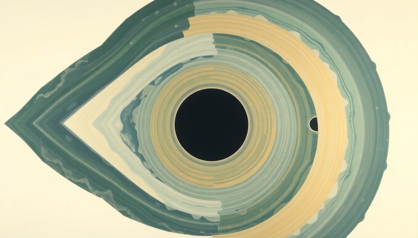 A highly structured abstract painting in earthy tones of blue, green, and gold, featuring sweeping geometric arcs, concentric planetary circles, and precise botanical spirals, conceptually representing the Artemis II crew's journey to the far side of the moon.