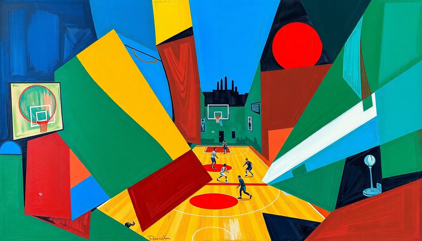 A cubist, geometric painting depicting a fragmented basketball court and players, using sharp angles and overlapping planes in shades of blue, green, and red to convey the Timberwolves' struggle to find cohesion as the playoffs approach.