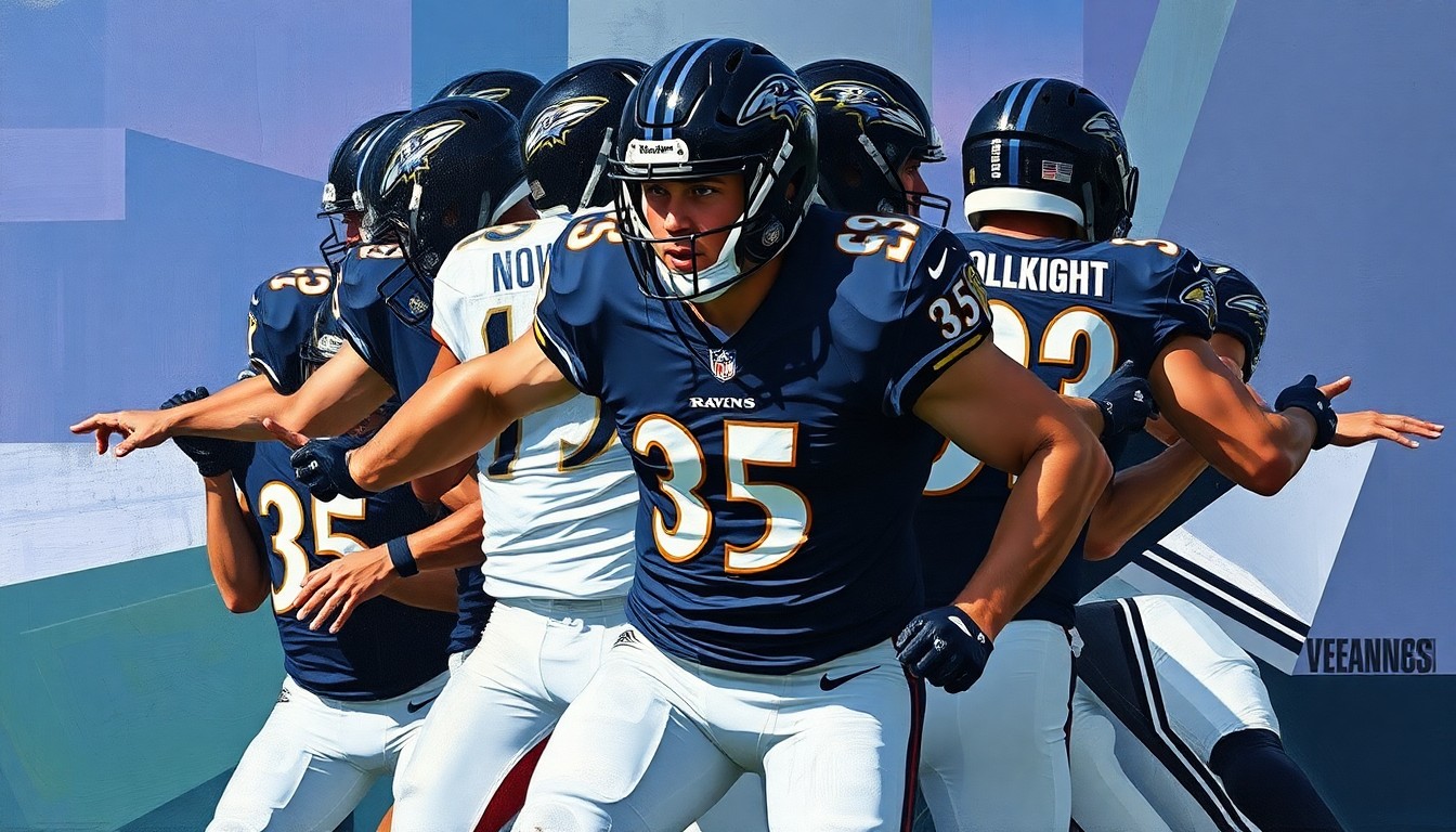 A cubist, geometric illustration depicting the fragmented elements of a football uniform, representing the Ravens' redesign as a bold visual shift for the franchise.