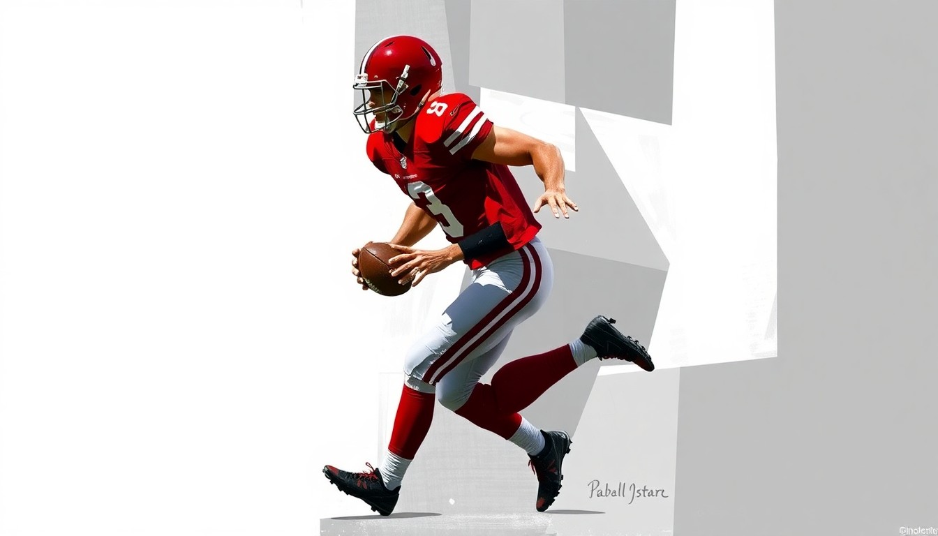 A fragmented, cubist-style painting depicting a college football player in motion, with sharp geometric shapes and planes in the team's colors, conveying a sense of energy and determination.