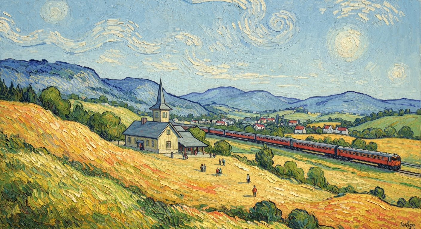A textured oil painting in the style of Vincent Van Gogh, depicting a scenic New England landscape with a historic train station and a passenger train in the distance, conveying the energy and vibrancy of the region.