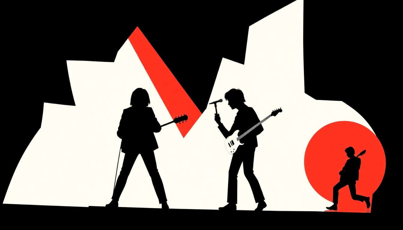 An abstract, minimalist illustration featuring bold, jagged shapes and high-contrast colors representing the diverse sounds and styles of classic rock albums from the 1960s.