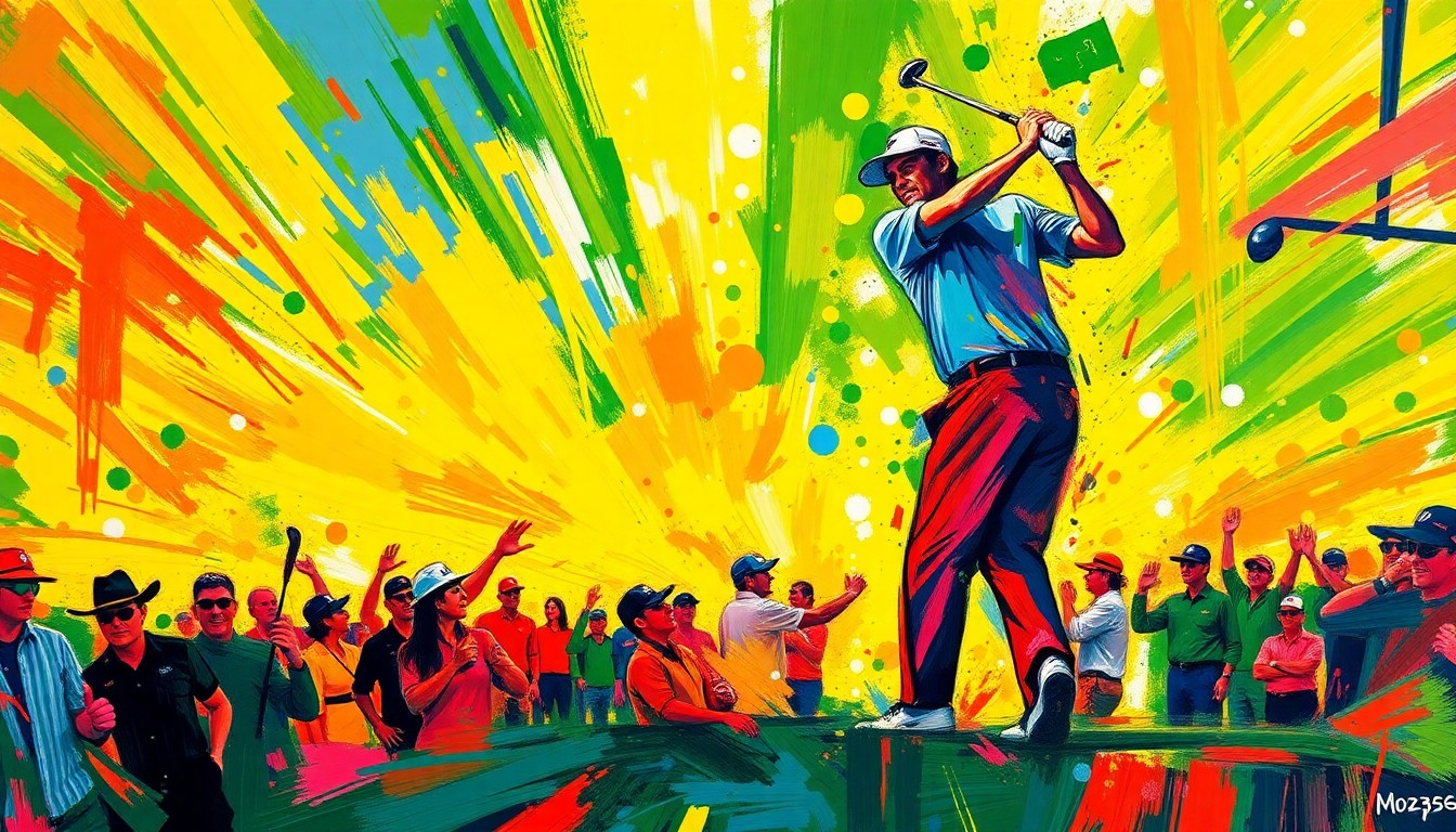 An abstract, expressionist painting in neon colors depicting the dynamic movement and energy of a golf tournament, capturing the excitement and anticipation of the 2026 Masters.