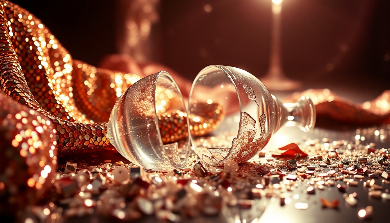 An extreme close-up of shimmering sequins and shattered glass reflecting dramatic studio lighting, conceptually representing the glamorous, high-tension tone of a modern relationship comedy.