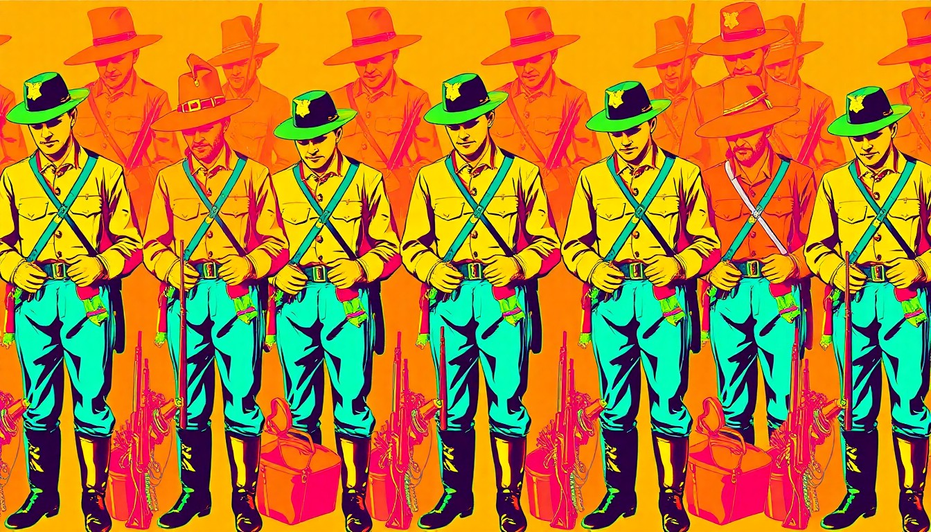 A bold, colorful silkscreen print featuring repeated images of a Civil War soldier's uniform, weapons, and other equipment, conceptually representing the hands-on learning experience for students at the upcoming reenactment.
