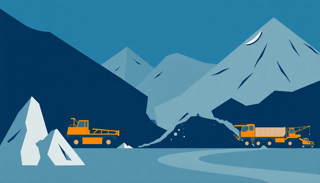 An abstract geometric illustration using bold shapes and lines in shades of blue, gray, and metallic accents to conceptually represent the scale and importance of Alaska's mining industry as an economic driver.