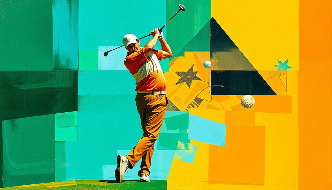 A fragmented, multi-angled painting depicting a golfer's swing broken down into sharp, overlapping geometric shapes in a palette of greens, blues, and ochres, conveying the dynamic energy and technical precision of the sport.