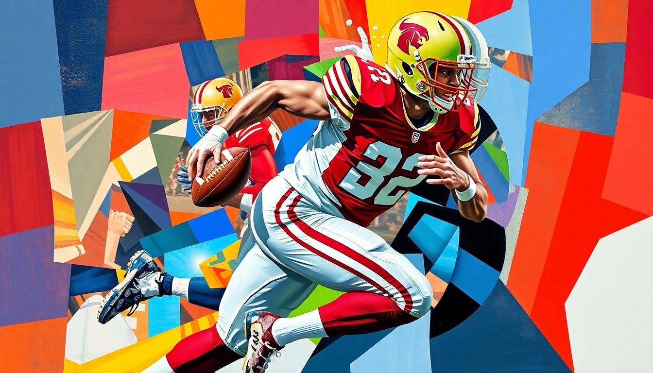 A fragmented, geometric painting depicting an abstract football player in motion, with sharp planes of color representing the vibrant uniforms of the teams interested in drafting Tyson.