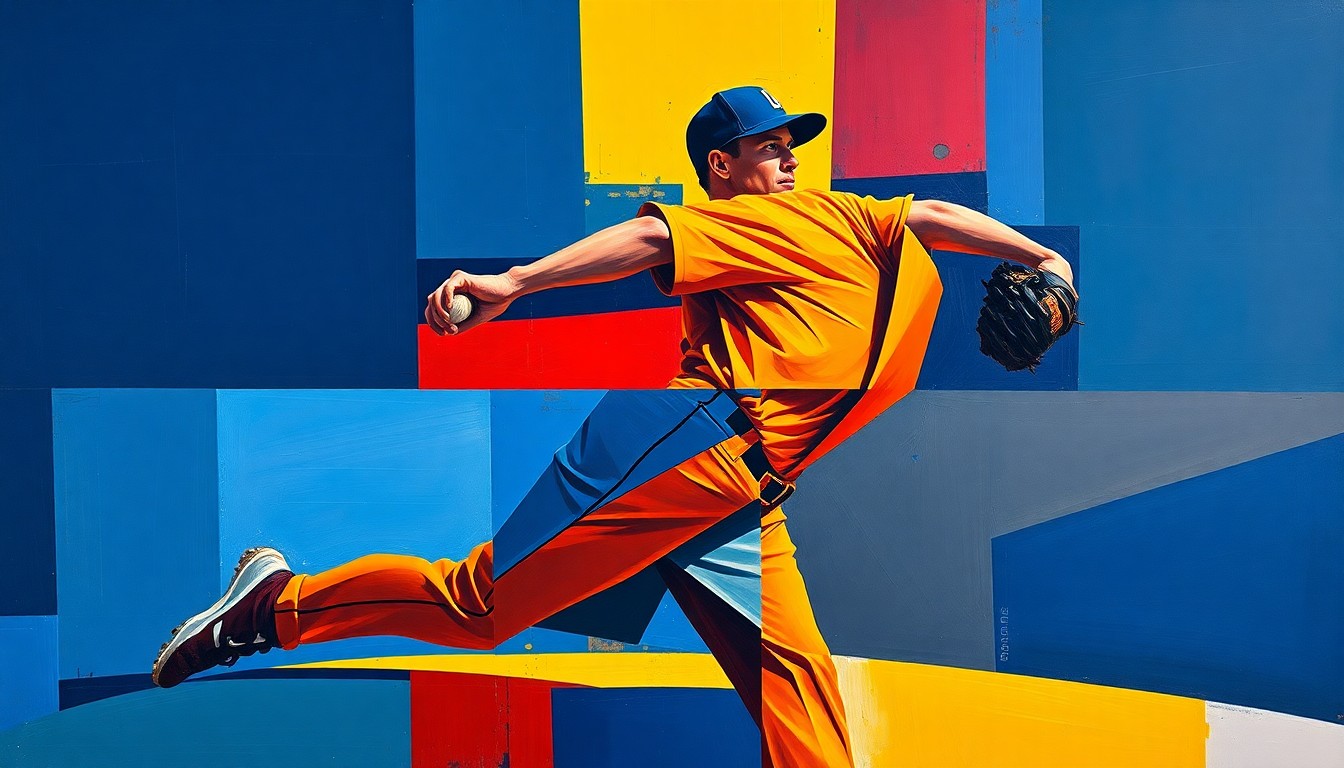 A fragmented, geometric painting depicting the various motions and perspectives of a baseball pitcher's delivery, rendered in bold, clashing colors that capture the raw energy and power of the performance.