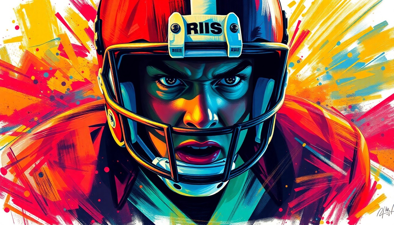 An abstract expressionist painting in vibrant neon colors, capturing the raw energy and intensity of a quarterback's drive to prove himself on the field.