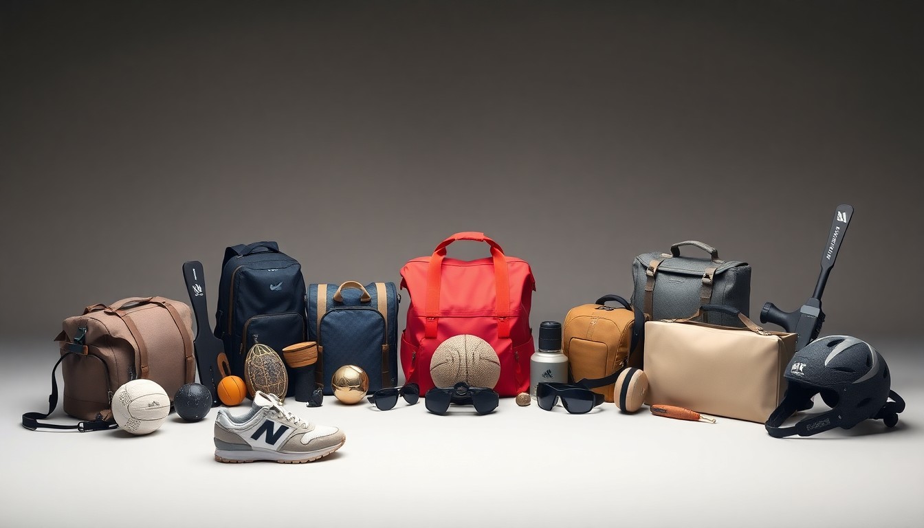 A high-end, photorealistic studio still-life photograph featuring a collection of premium sporting goods equipment and accessories arranged elegantly on a clean, monochromatic background, conceptually representing the retailer's diverse product offerings.