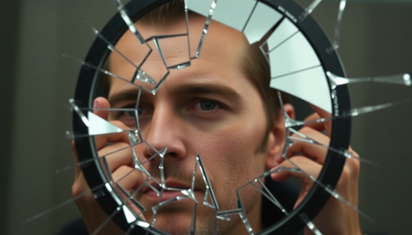 An abstract close-up photograph of a shattered mirror reflecting a faint, distorted image, conveying the idea of a celebrity's public persona being fractured by intense scrutiny.