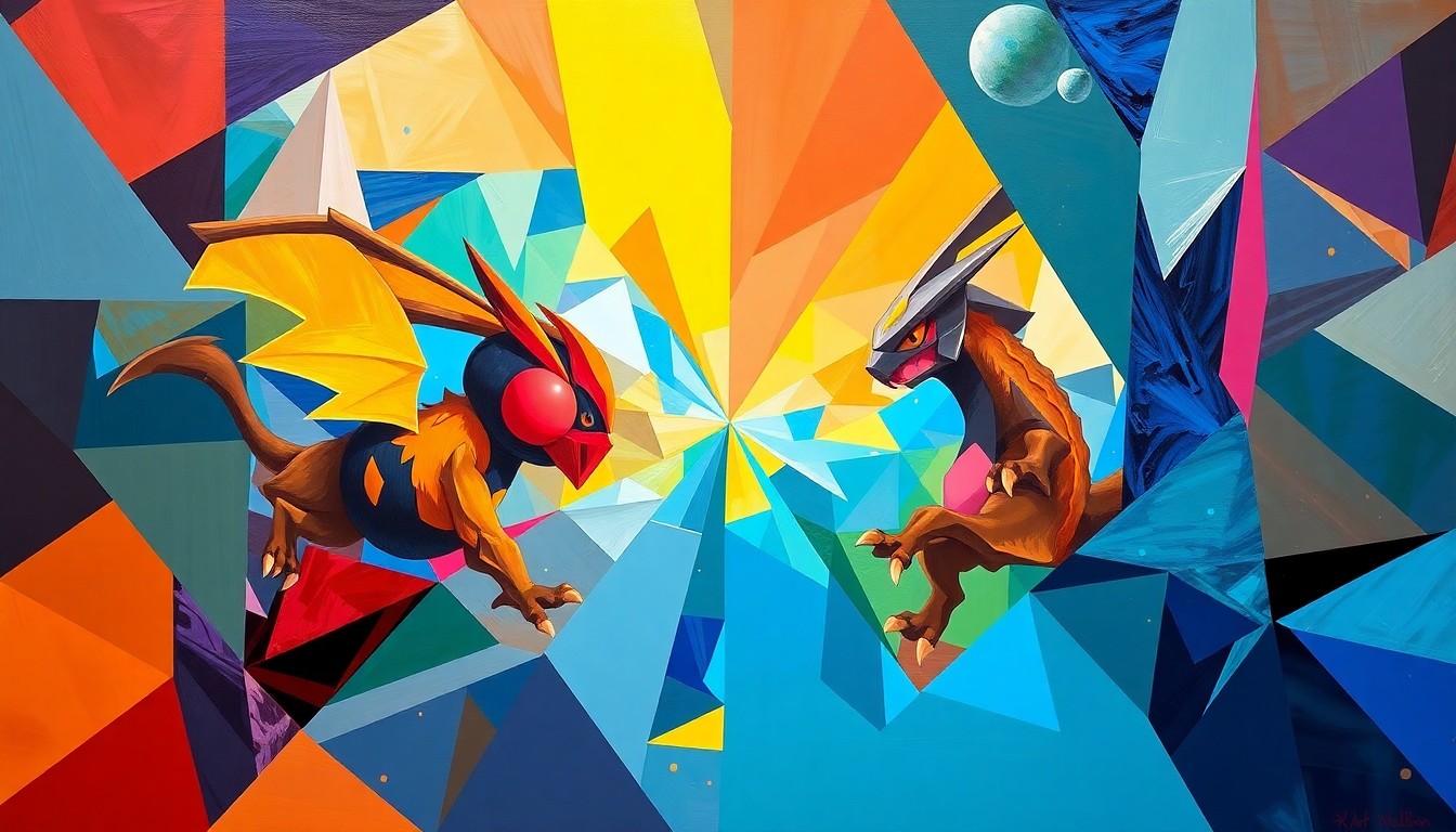 A fragmented, geometric painting depicting the intense action and emotion of a Pokémon Go championship match, with sharp planes of color and overlapping perspectives conveying the drama of the event.