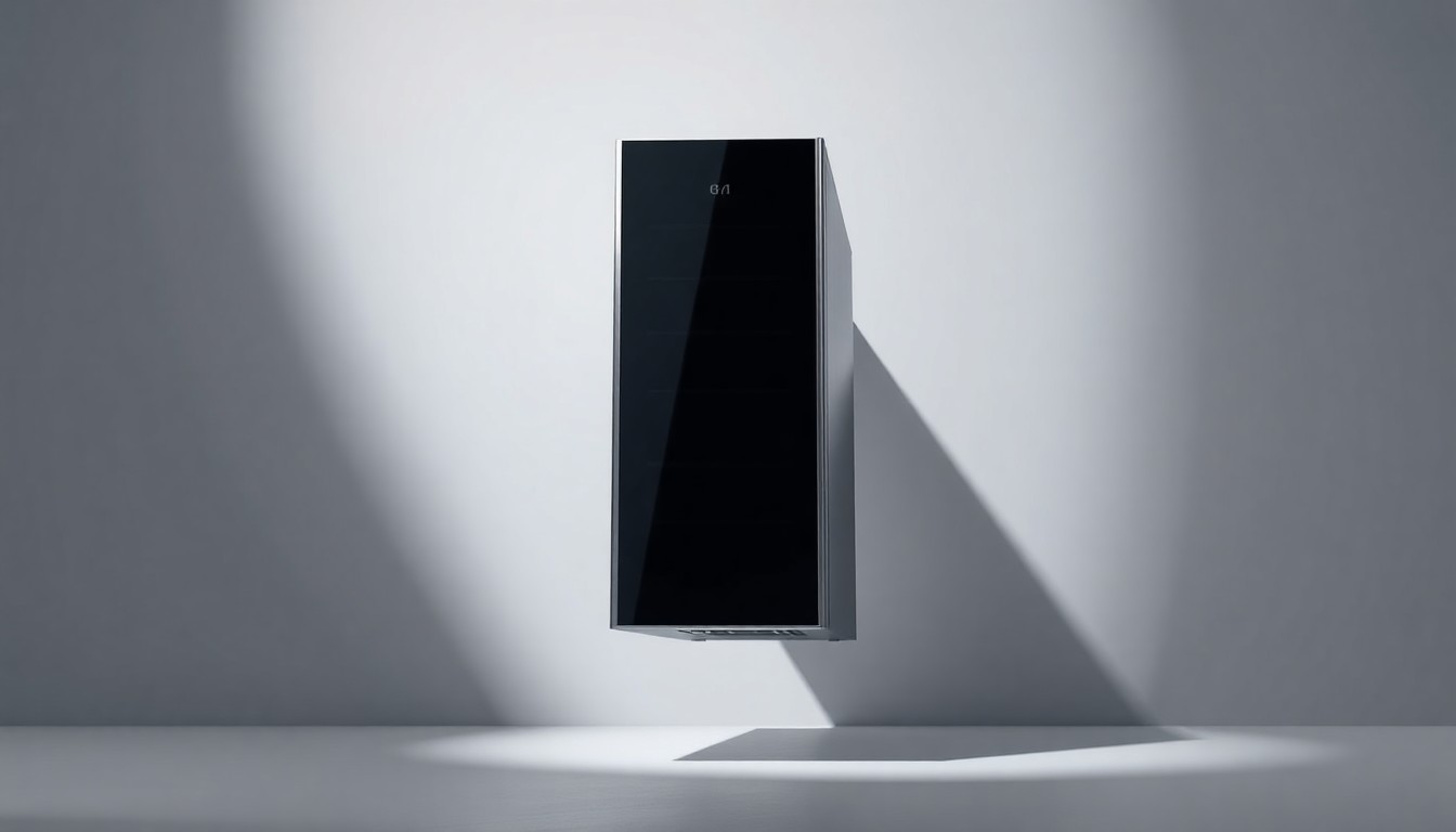 A photorealistic studio still life of a sleek, modern data server tower made of polished aluminum and tempered glass, floating on a clean, monochromatic background and dramatically lit to convey the abstract corporate strategy and technological innovation behind data centers.