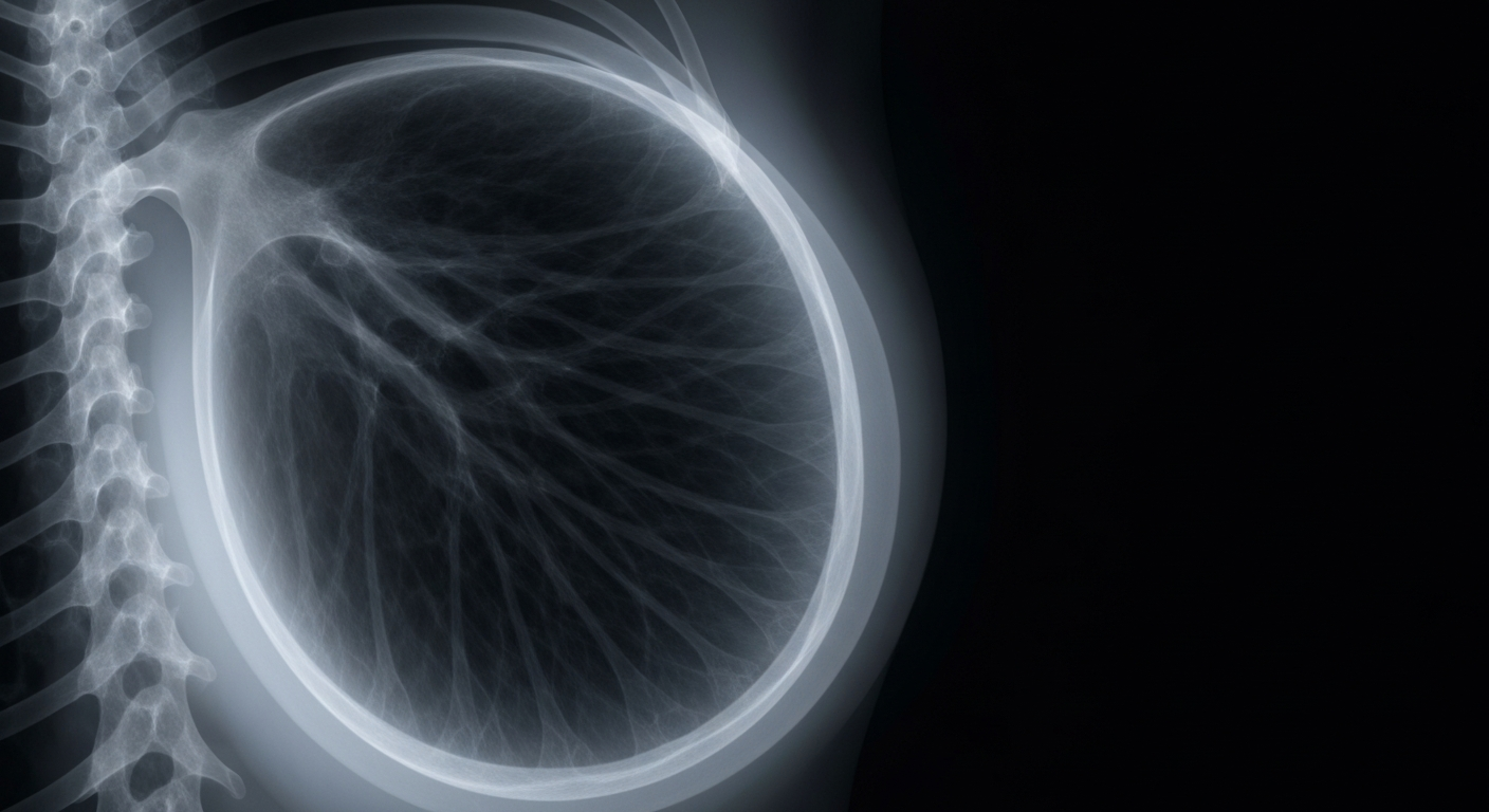 A ghostly, translucent X-ray image revealing the internal structures of a human breast, conceptually illustrating the importance of breast cancer screening and early detection.