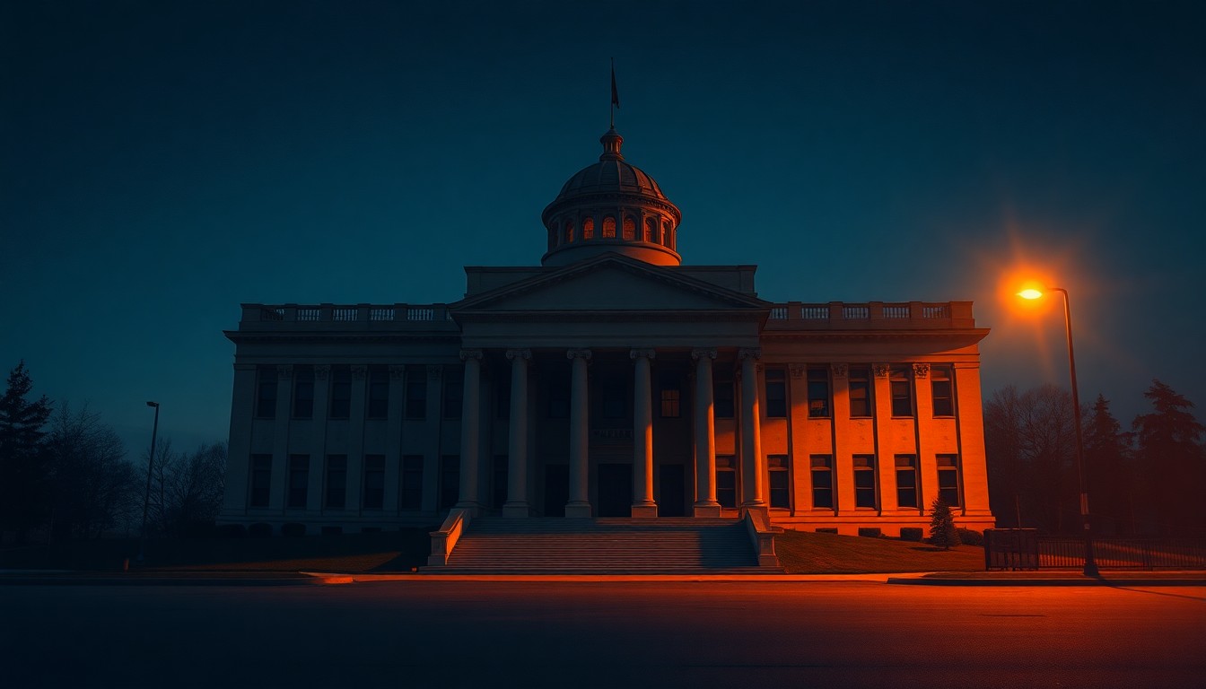 A dimly lit, cinematic painting of an empty government building at night, with warm diagonal shadows and fading light, conveying a sense of political tension and uncertainty.