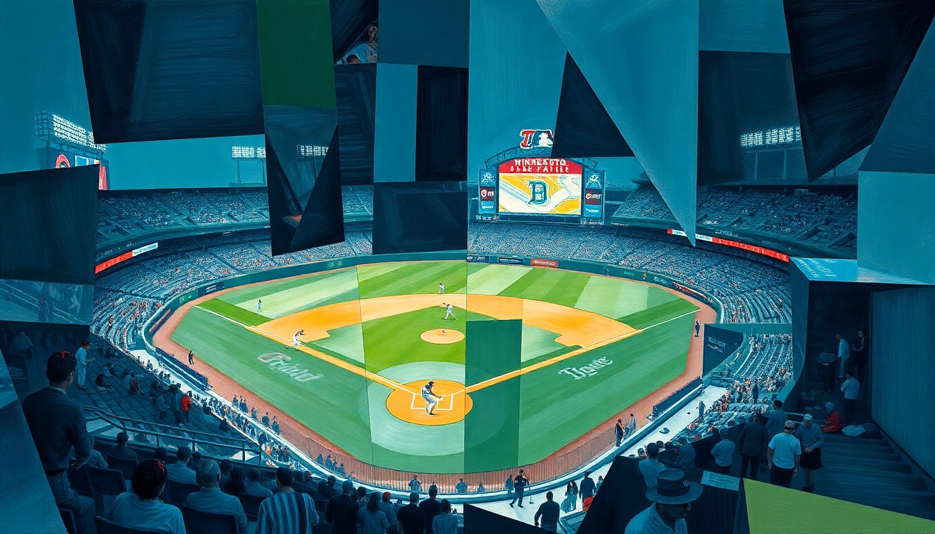 A fractured, multi-perspective painting in a cubist style, breaking down a baseball game between the Minnesota Twins and Detroit Tigers into sharp, overlapping geometric planes in a palette of deep blues, greens, and grays to capture the cold, wintry atmosphere.