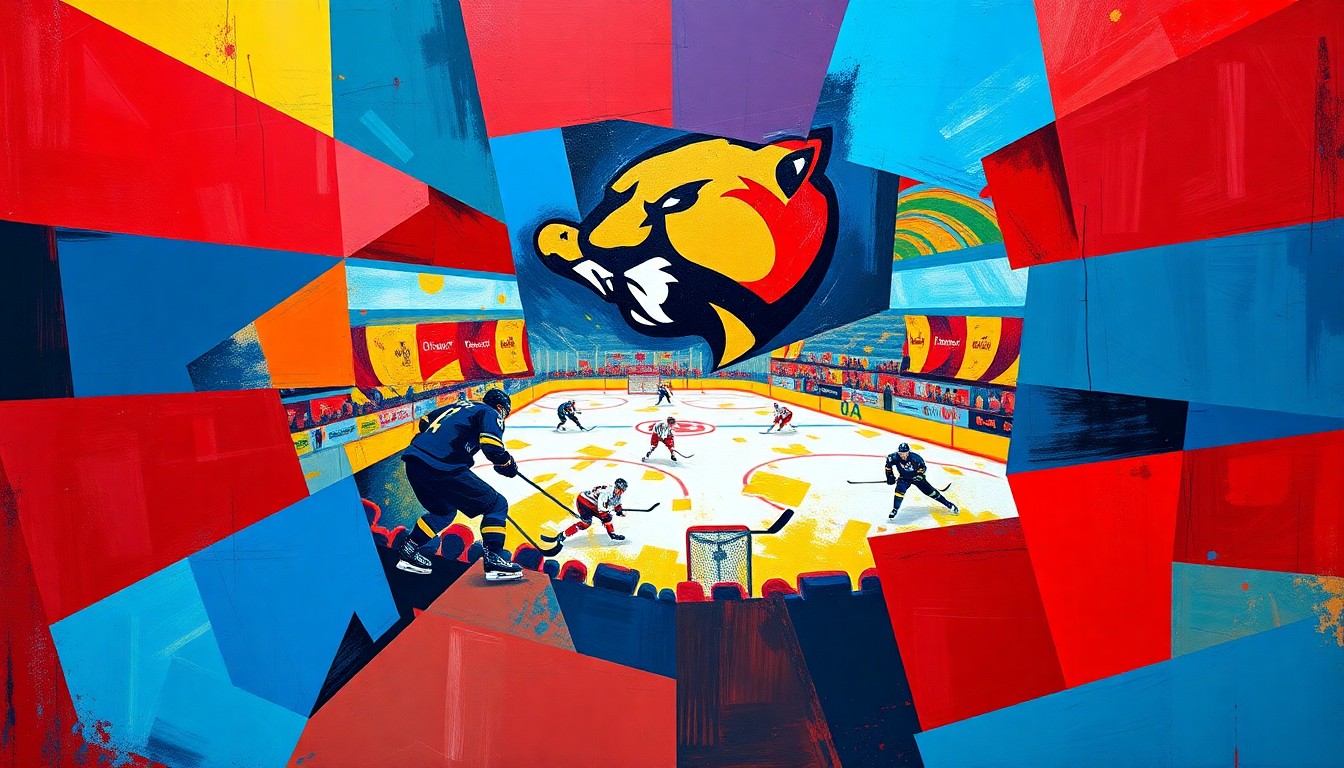 A cubist, geometric painting in shades of red, blue, and gold, depicting the chaotic energy of an NHL draft lottery or hockey game, with sharp, overlapping shapes and planes representing the uncertainty and high stakes facing the Florida Panthers.