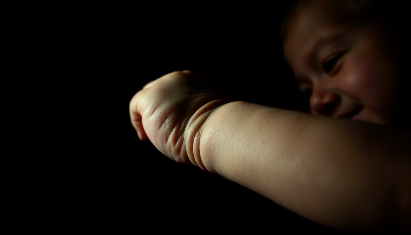 An extreme close-up photograph of a baby's broken wrist, lit by a harsh, direct camera flash against a pitch-black background, conceptually illustrating the grim physical evidence in this tragic child abuse case.