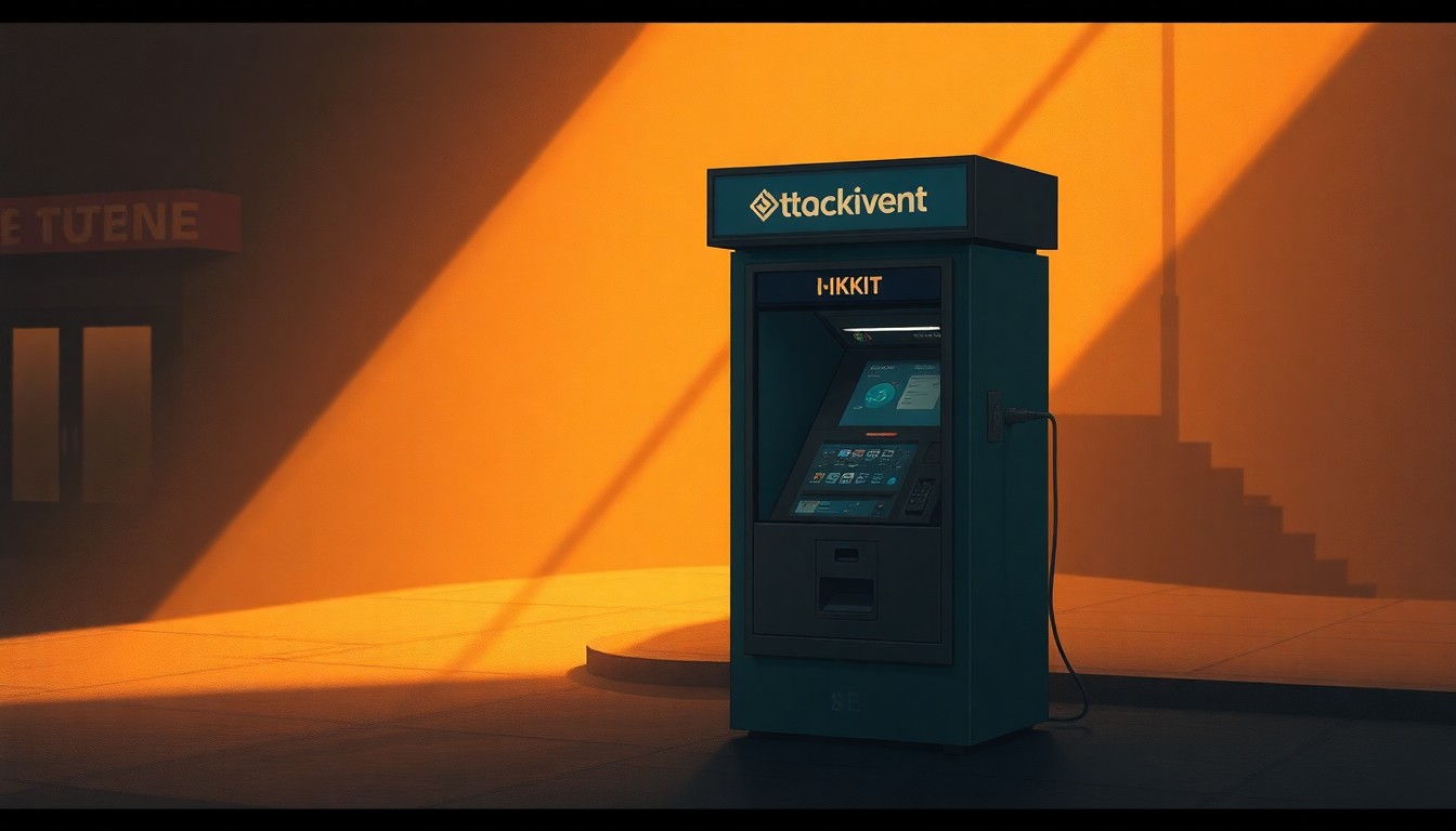 A solitary cryptocurrency kiosk machine sits on a city sidewalk, its surfaces reflecting the warm, diagonal sunlight and deep shadows characteristic of an Edward Hopper painting, conveying a sense of isolation and the need for greater regulation in this emerging financial technology.