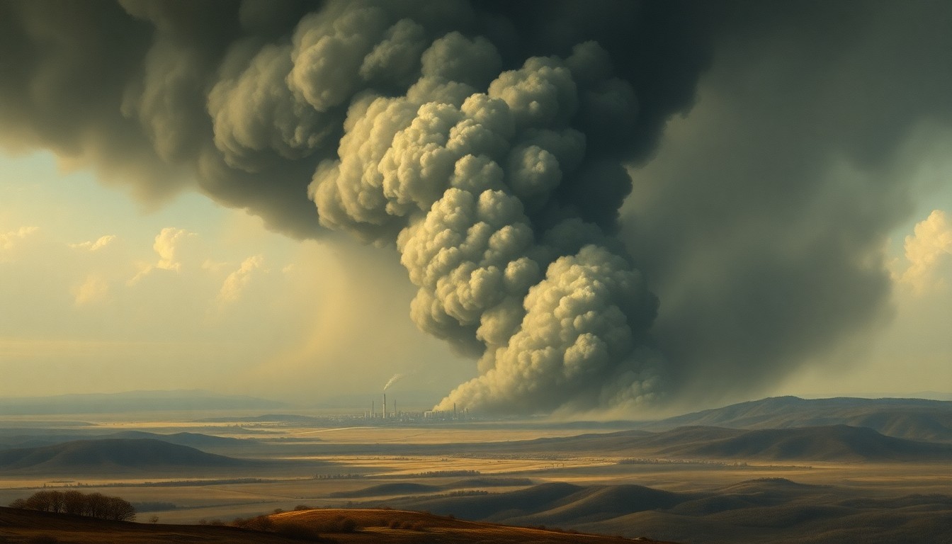 A vast, atmospheric landscape painting depicting a massive plume of dark smoke billowing up from a distant industrial facility, dwarfing the surrounding environment and casting an ominous shadow over the landscape. The scene conveys the overwhelming scale and power of the natural elements.