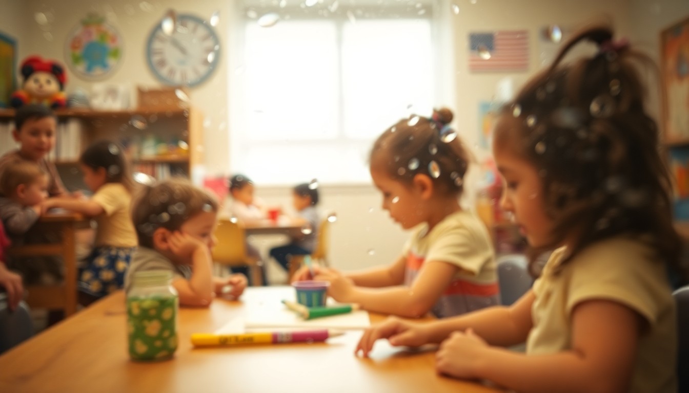 An abstract, impressionistic image of a pre-K classroom scene, with blurred shapes and colors representing young children engaged in learning activities, conveying the warmth and energy of early childhood education.