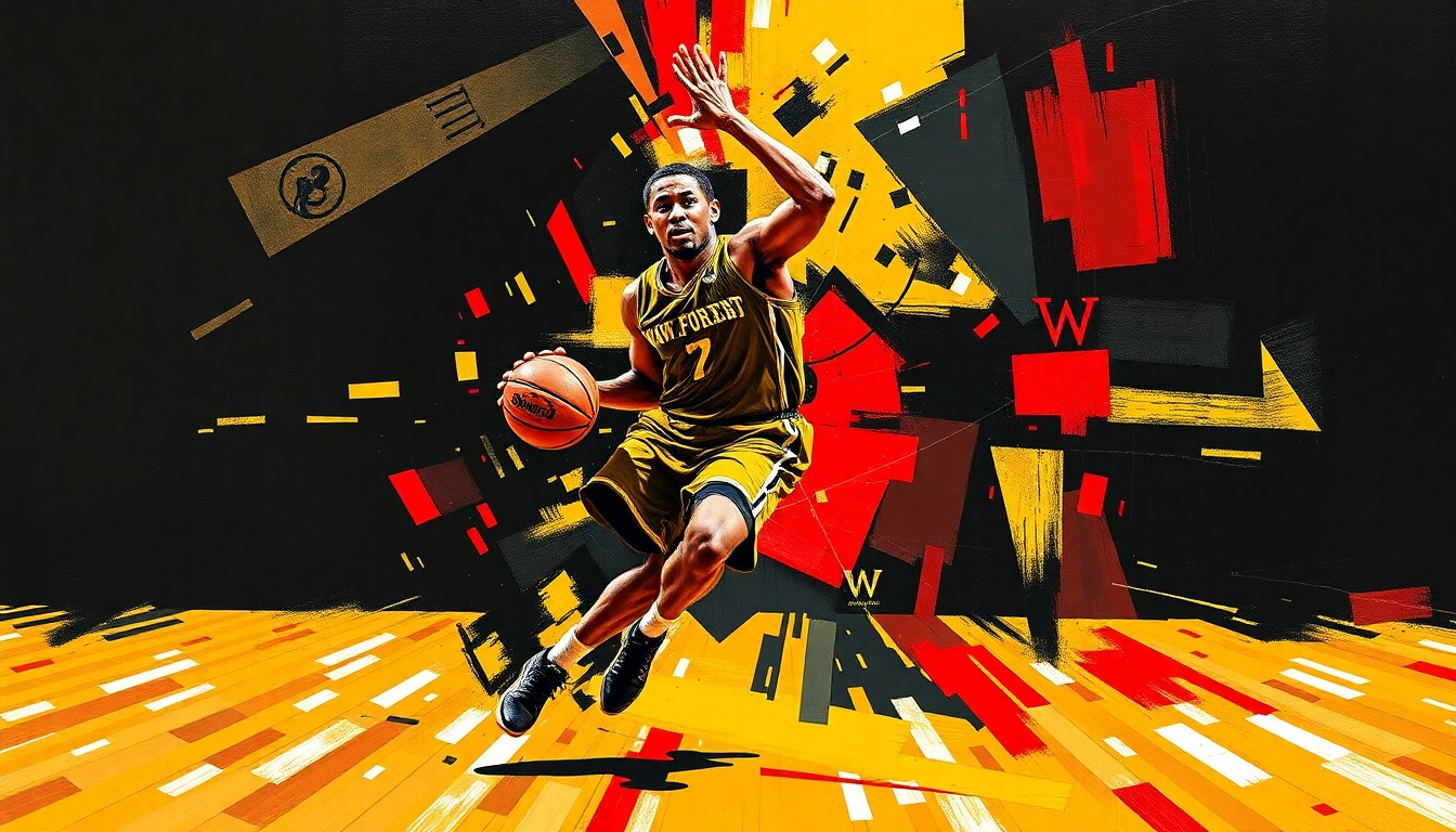 A cubist, geometric painting depicting a basketball player's movements broken down into overlapping planes of black, gold, and red, representing the loss of a key player for the Wake Forest Demon Deacons.