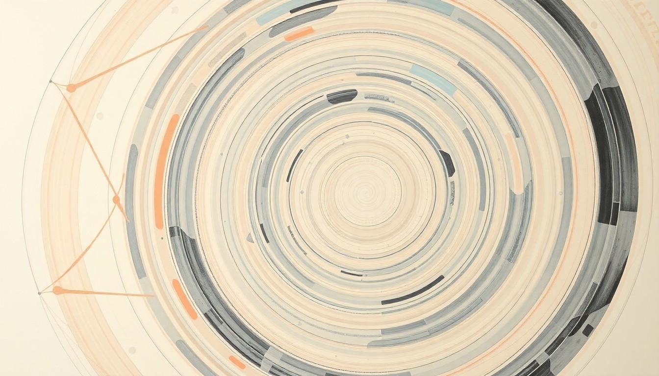 A highly structured abstract painting in soft blues, greens, and grays, featuring sweeping geometric arcs, concentric circles, and precise botanical spirals, conceptually representing the complex genetic and neurological forces involved in a rare form of severe epilepsy.