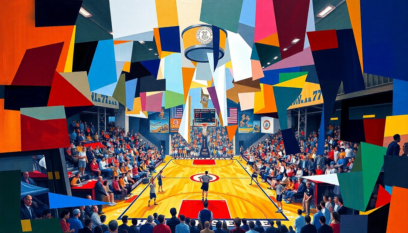 A cubist, geometric painting depicting a fragmented, multi-angled view of a basketball game unfolding on a court, with the vibrant colors of the Ivy League teams' official palettes blending together in an abstract, expressionistic style.
