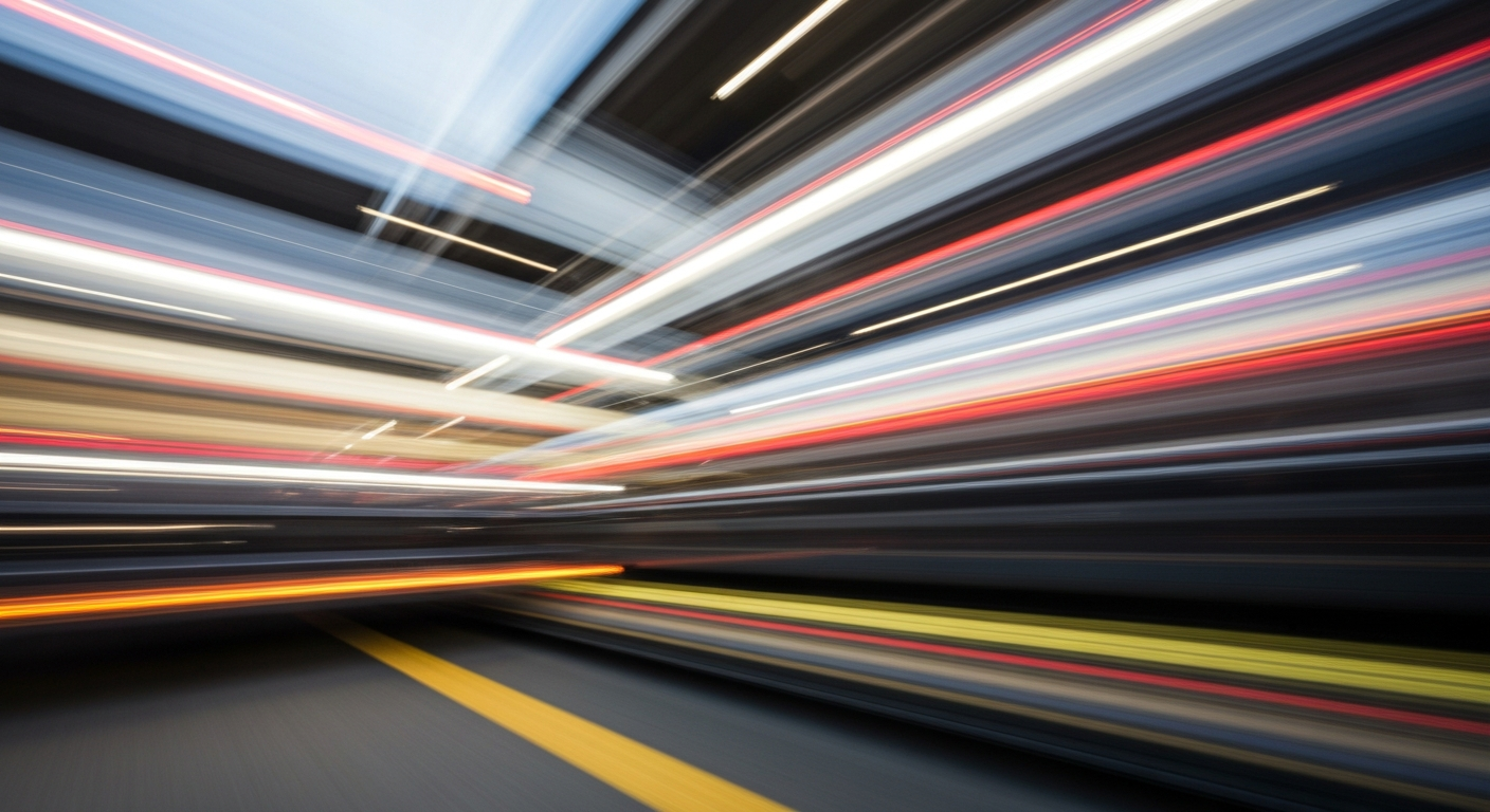 Heavily blurred, abstract streaks of color representing a vehicle in motion, conveying the speed and chaos of wrong-way driving incidents on the highway.