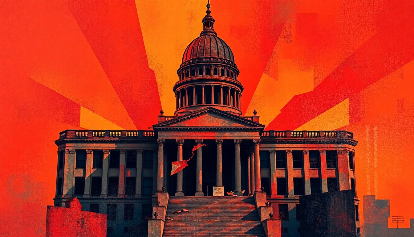 A fragmented, abstract painting in bold colors depicting the crumbling facade of a government building, symbolizing the political turmoil surrounding the president's actions.