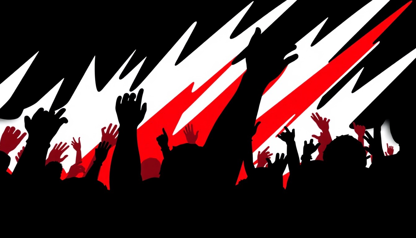 A striking, minimalist illustration featuring bold, geometric black silhouettes against a backdrop of vibrant red and white, capturing the high-energy spirit of a rock concert.