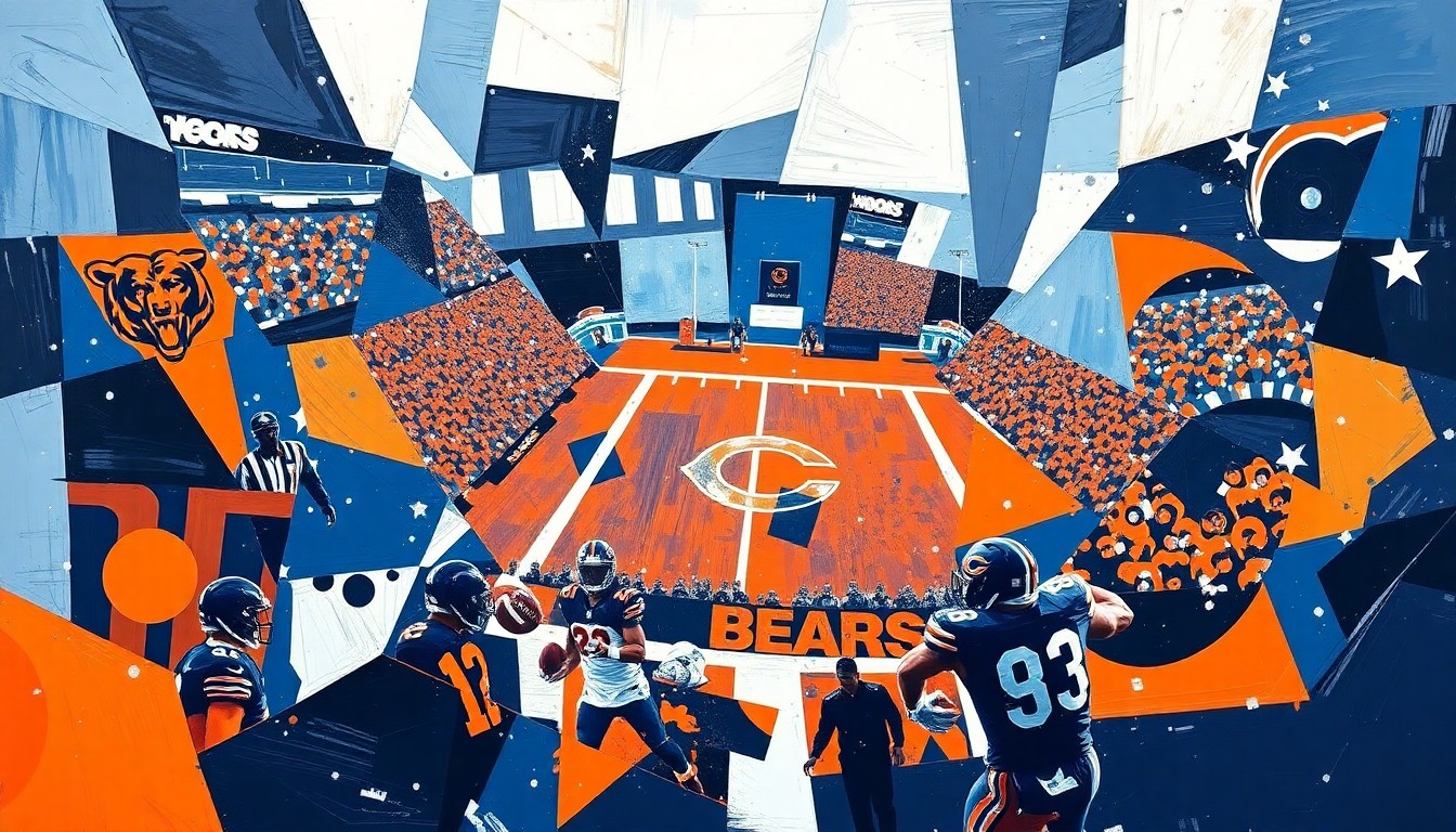 A cubist, geometric illustration depicting a Bears football game, with sharp, overlapping planes of navy blue, orange, and white, capturing the raw energy and motion of the sport.