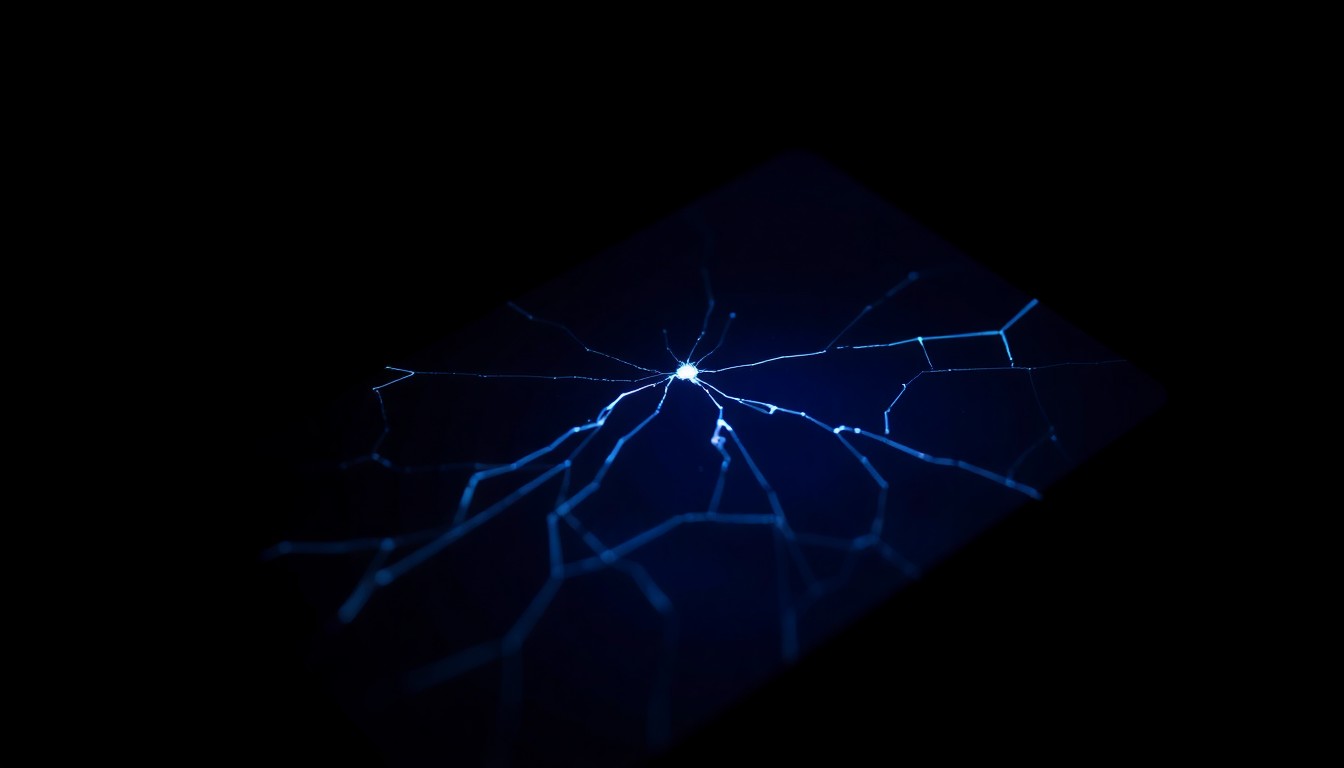 An extreme close-up photograph of a cracked smartphone screen reflecting a faint blue light, conceptually illustrating the invasive and disruptive nature of digital stalking.