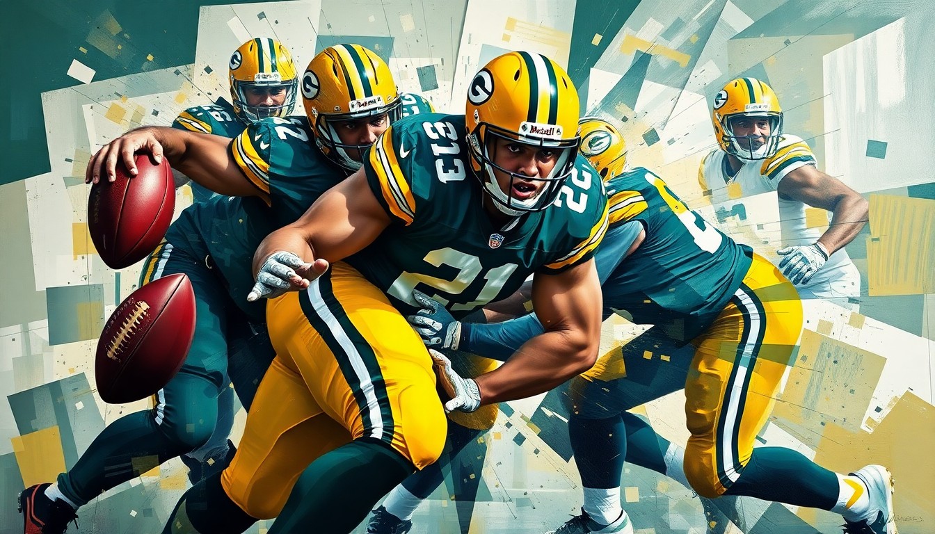 A fragmented, geometric painting depicting the explosive movements and collisions of a defensive lineman, with sharp planes of forest green, gold, and navy blue representing the Packers' team colors.